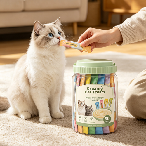 Cat Treats, Lickable, Squeezable Creamy Purée Cat Treat with Green Tea Extract & Taurine, 0.5 Ounces Each Tube, 50 Tubes, Tuna & Chicken Variety