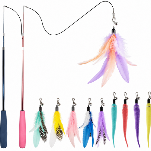 Cat Toys for Indoor Cats, Interactive Cat Toy 2PCS Retractable Wand Toy and 9PCS Cat Feather Toys Refills, Funny Kitten Toys Cat Fishing Pole Toy for Bored Indoor Cats Chase and Exercise
